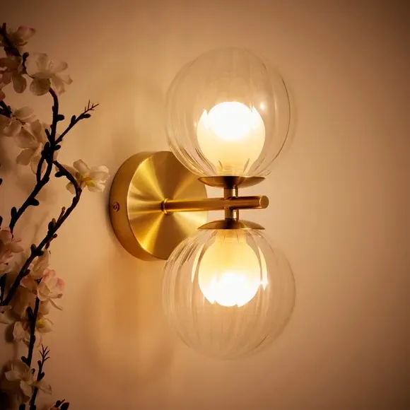 2 Light Wall Light Ribbed Design - Gold, Glass