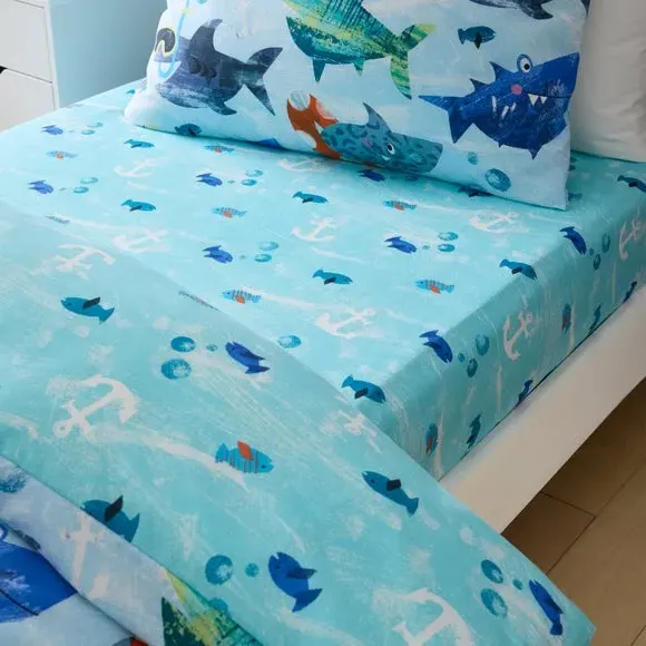 2-Pack Fitted Bed Sheets Shark Print - Blue, Cotton
