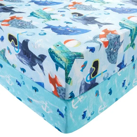 2-Pack Fitted Bed Sheets Shark Print - Blue, Cotton