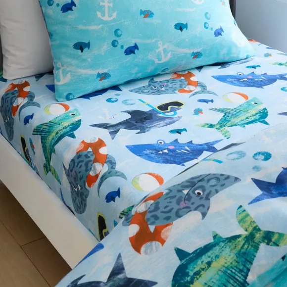 2-Pack Fitted Bed Sheets Shark Print - Blue, Cotton image