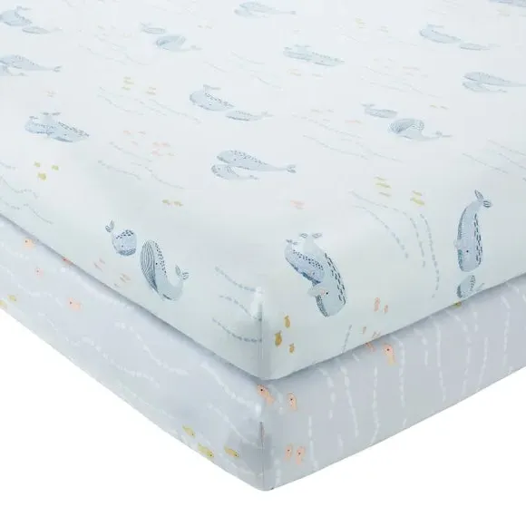 2-Pack Fitted Bed Sheets Whale Print - Blue, Cotton