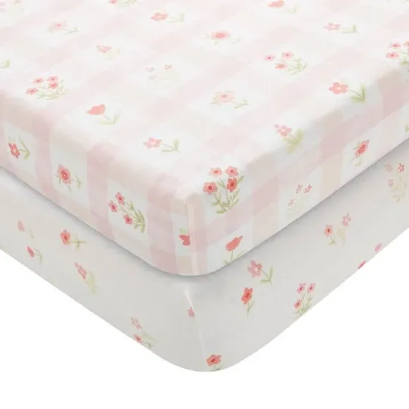 2-Pack Fitted Sheets Floral Gingham - Pink, Cotton