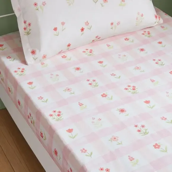 2-Pack Fitted Sheets Floral Gingham - Pink, Cotton image