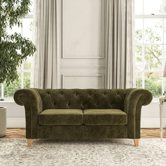 2-Seater Chesterfield Sofa - Olive, Chenille