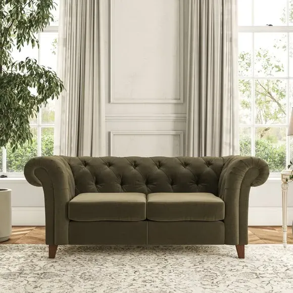 2-Seater Chesterfield Sofa - Olive, Velvet
