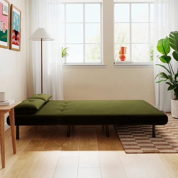 2-Seater Sofa Bed Foldout - Olive, Velvet