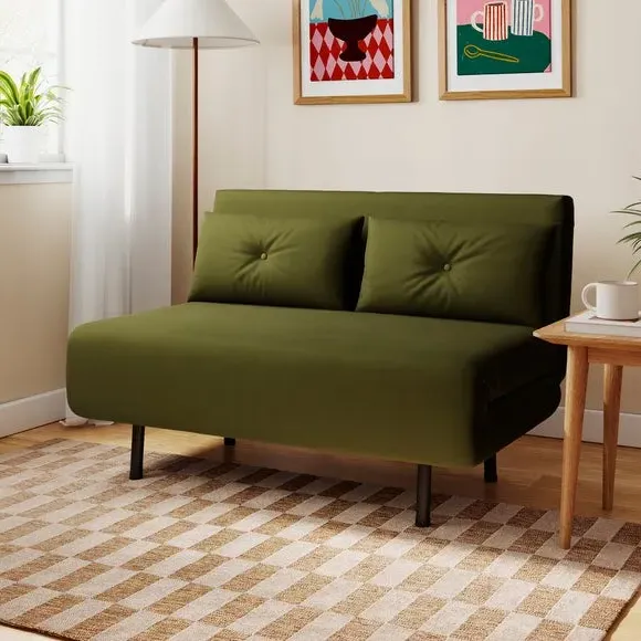 2-Seater Sofa Bed Foldout - Olive, Velvet image