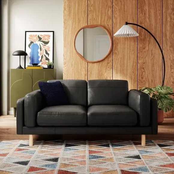 2-Seater Sofa with Birch Feet - Black, Leather image