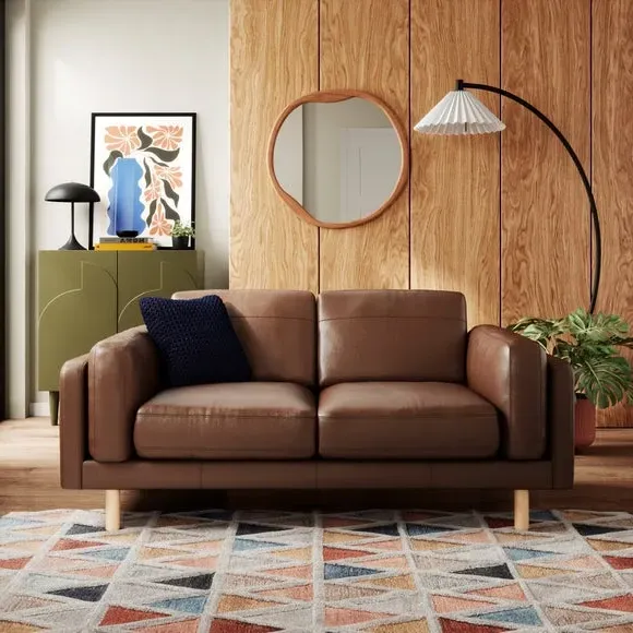 2-Seater Sofa with Birch Feet - Brown, Leather