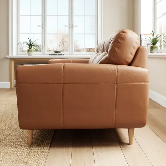 2-Seater Sofa with Birch Feet - Tan, Leather