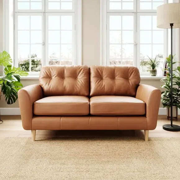 2-Seater Sofa with Birch Feet - Tan, Leather