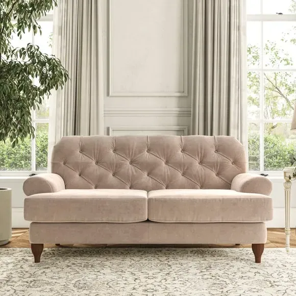2-Seater Sofa with Button Detail - Natural, Velvet