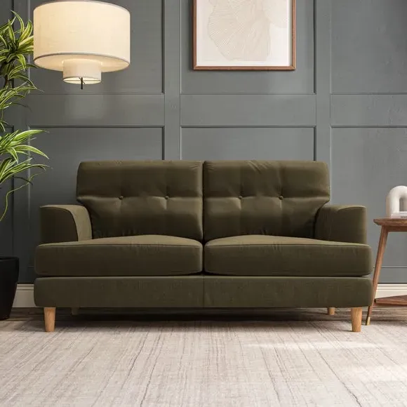 2-Seater Sofa with Button Detail - Olive, Velvet