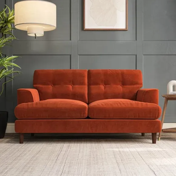 2-Seater Sofa with Button Detail - Orange, Velvet
