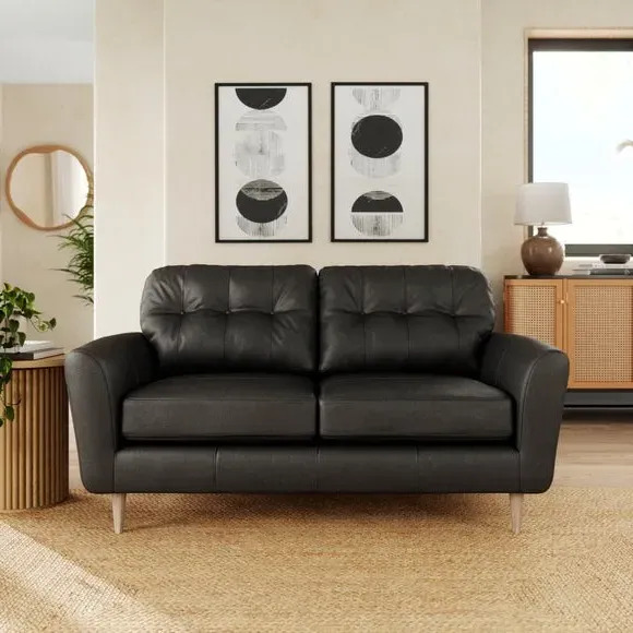 2-Seater Sofa with Buttoned Back - Black, Leather image