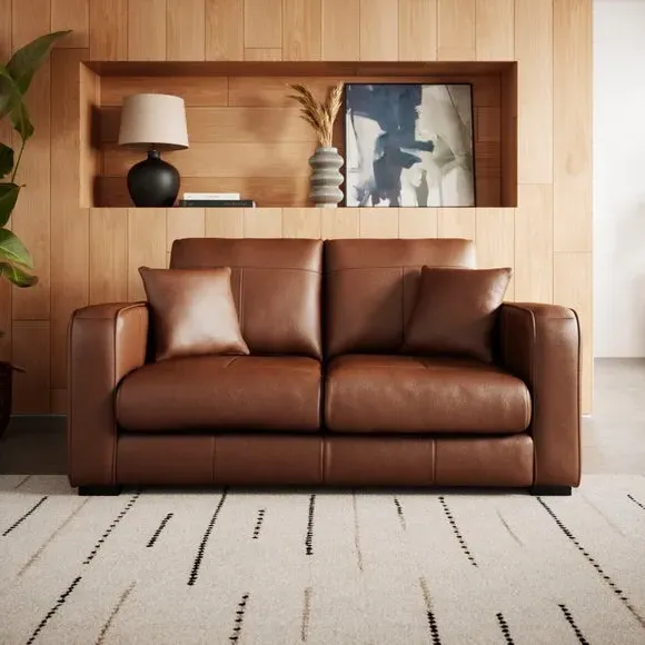 2-Seater Sofa with Piped Edge - Brown, Leather