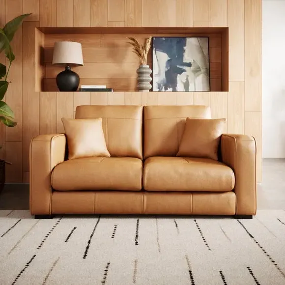 2-Seater Sofa with Piped Edge - Tan, Leather