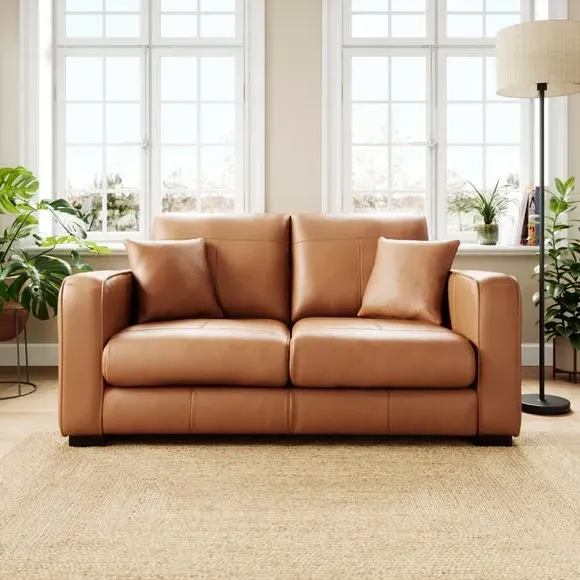 2-Seater Sofa with Piped Edge - Tan, Leather