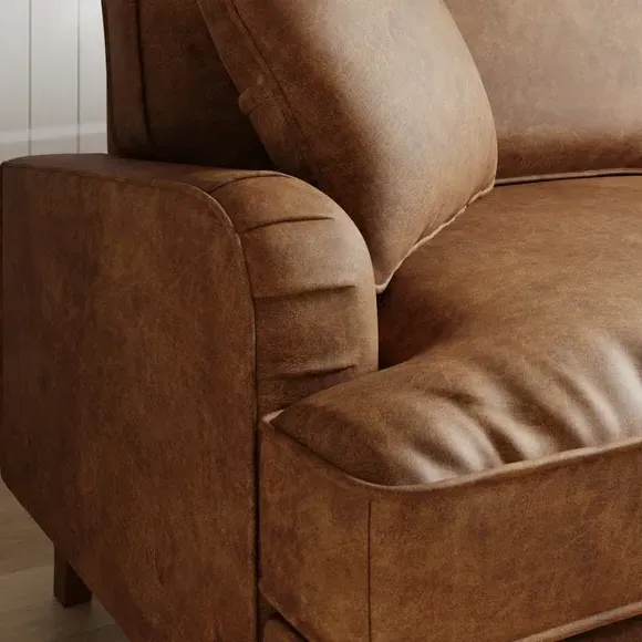 2-Seater Sofa with Pleated Arms - Tan, Faux Leather
