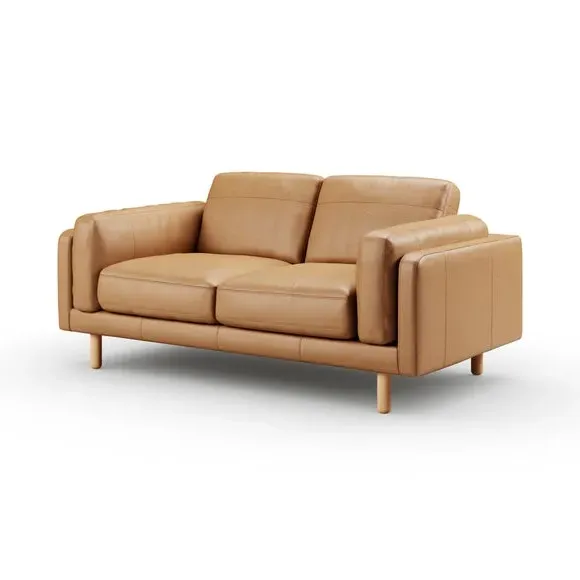 2-Seater Sofa with Plush Cushions - Tan, Leather