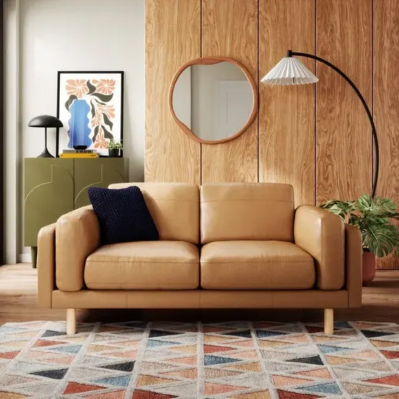 2-Seater Sofa with Plush Cushions - Tan, Leather