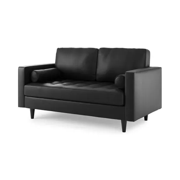 2-Seater Sofa with Tufted Cushions - Black, Faux Leather