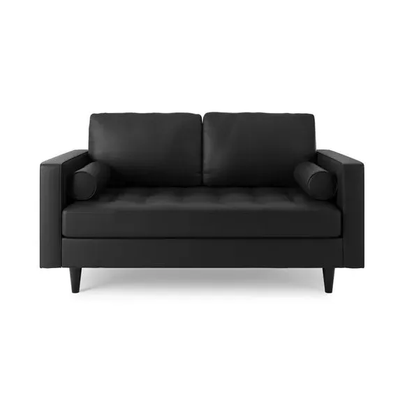 2-Seater Sofa with Tufted Cushions - Black, Faux Leather