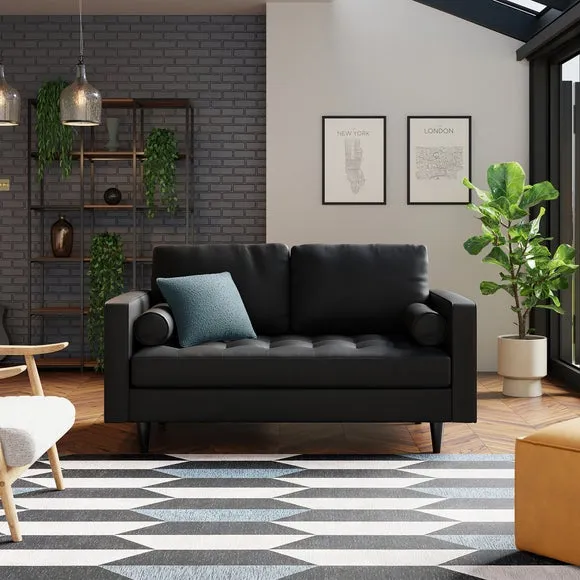 2-Seater Sofa with Tufted Cushions - Black, Faux Leather image