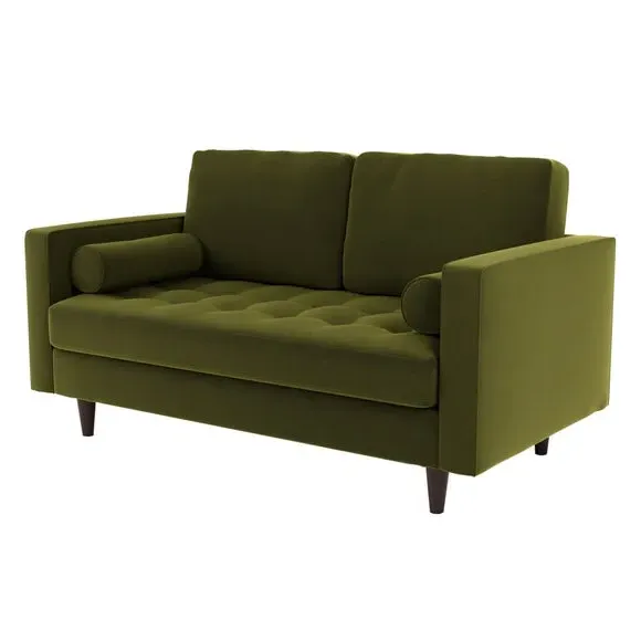 2-Seater Sofa with Tufted Cushions - Olive, Velvet