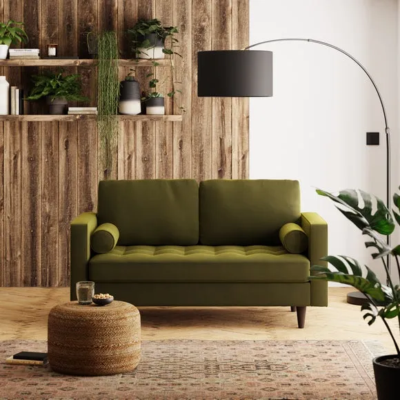 2-Seater Sofa with Tufted Cushions - Olive, Velvet