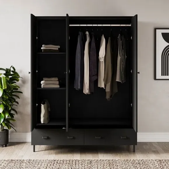 3-Door Wardrobe with Drawers - Black, Oak Effect