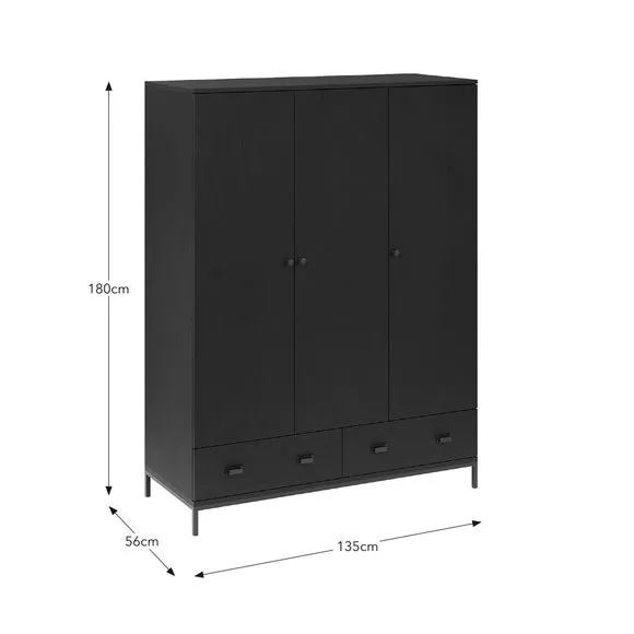 3-Door Wardrobe with Drawers - Black, Oak Effect
