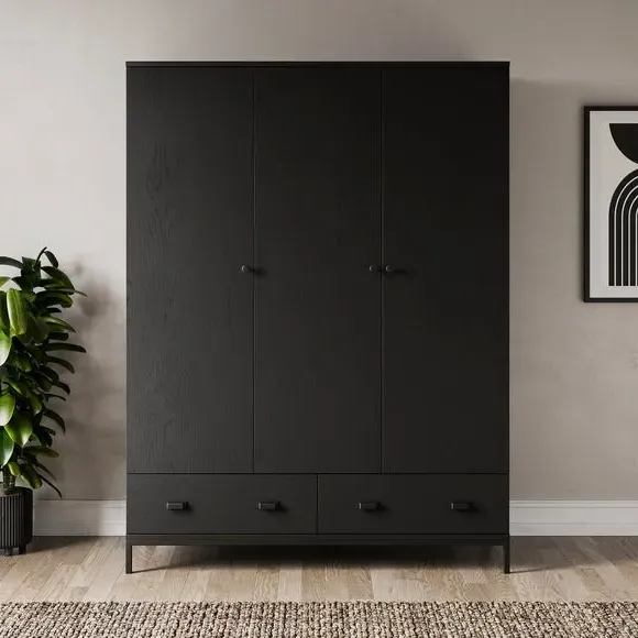 3-Door Wardrobe with Drawers - Black, Oak Effect image