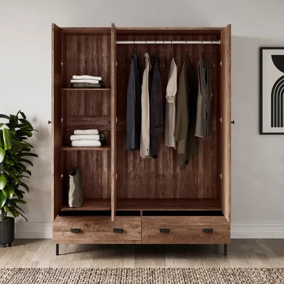 3-Door Wardrobe with Drawers - Pine, Oak Effect