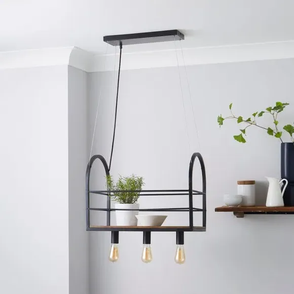 3-Light Ceiling Light with Shelf - Walnut