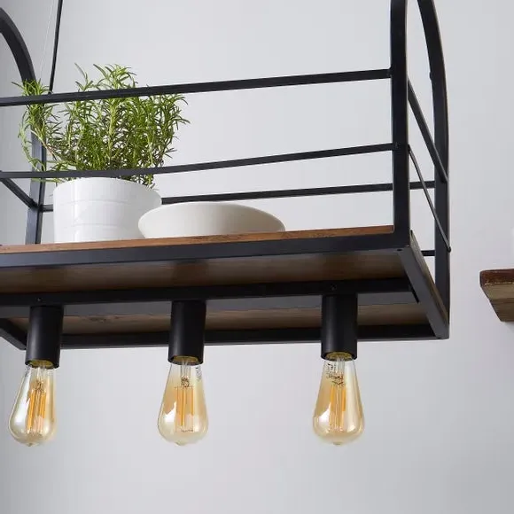 3-Light Ceiling Light with Shelf - Walnut