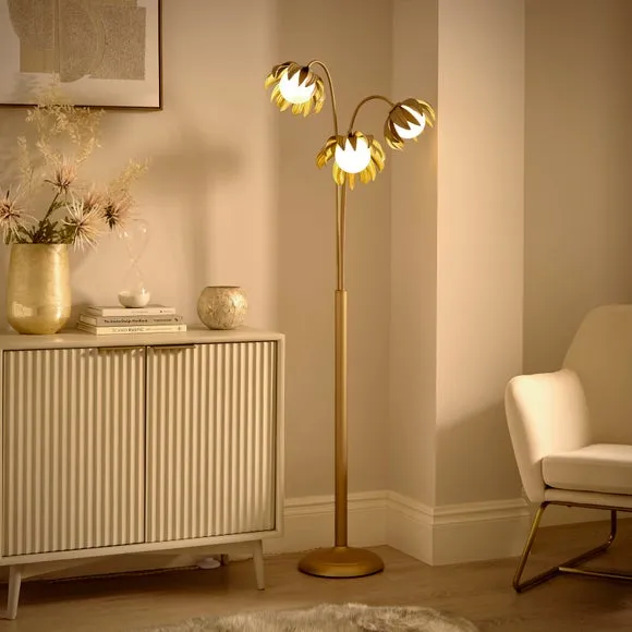 3-Light Floor Lamp with Leaf Design - Gold, Metal