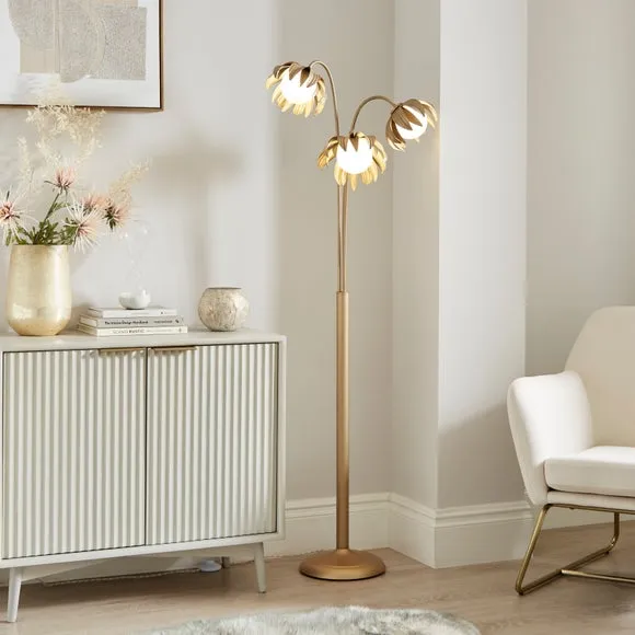 3-Light Floor Lamp with Leaf Design - Gold, Metal image
