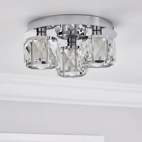 3-Light Flush Ceiling Light - Chrome, Crystal