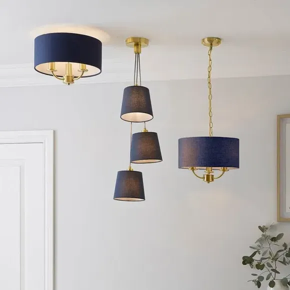 3 Light Flush Ceiling Light - Navy, Metal