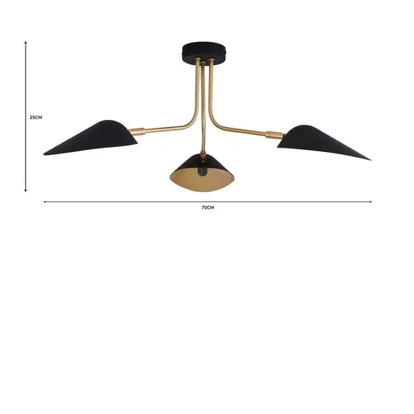 3 Light Semi Flush Ceiling Light - Black