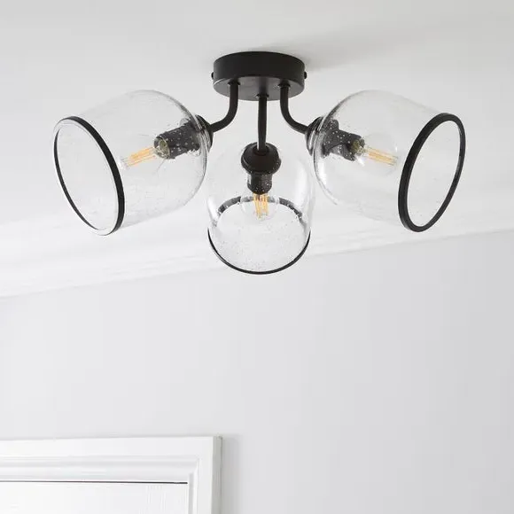 3-Light Semi Flush Ceiling Light - Black, Glass