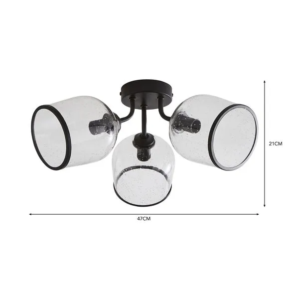 3-Light Semi Flush Ceiling Light - Black, Glass