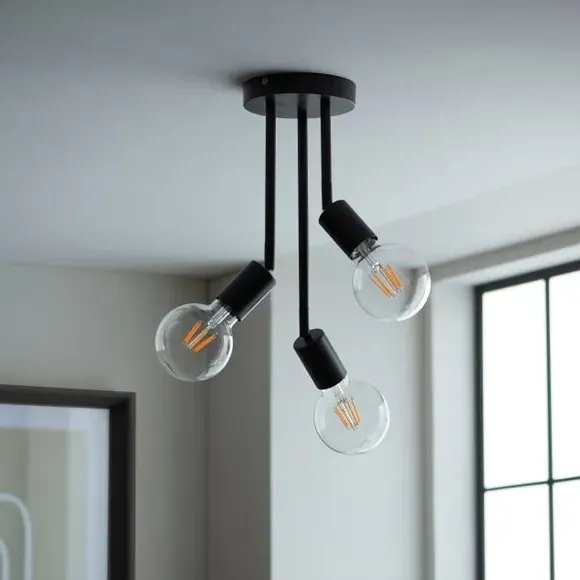 3-Light Semi Flush Ceiling Light - Black, Matt