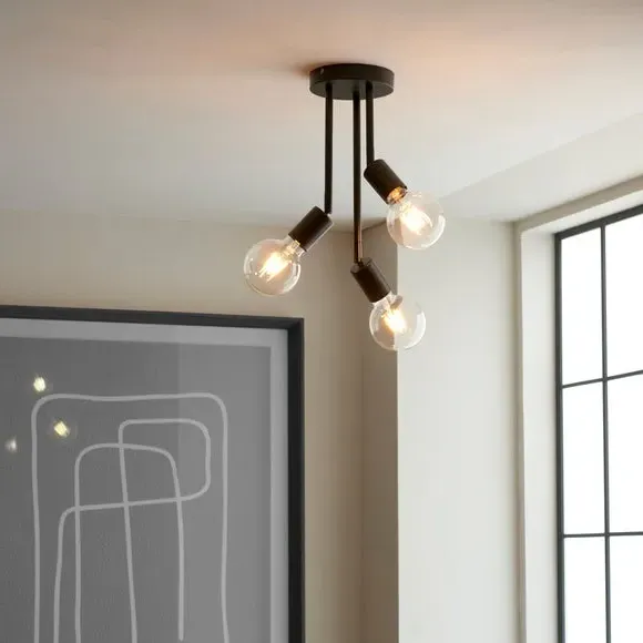 3-Light Semi Flush Ceiling Light - Black, Matt