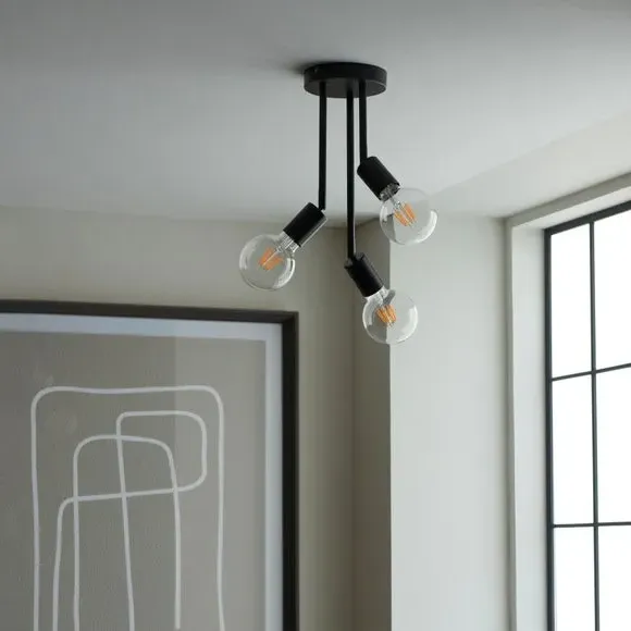 3-Light Semi Flush Ceiling Light - Black, Matt
