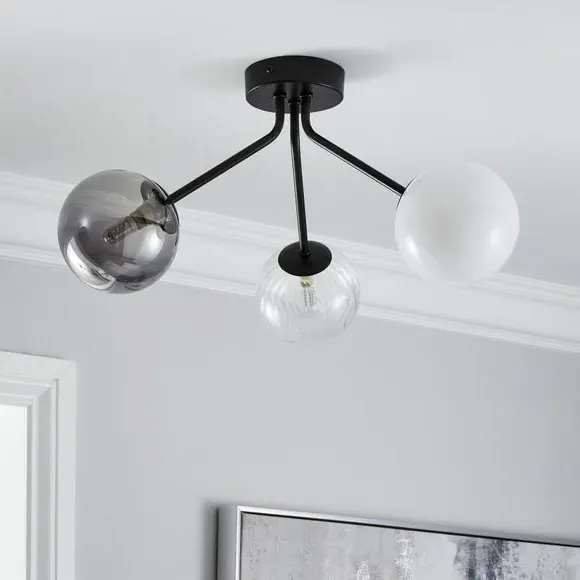 3-Light Semi Flush Ceiling Light - Black, Metal