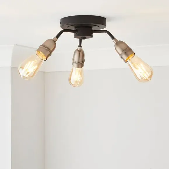 3-Light Semi Flush Ceiling Light - Black, Metal