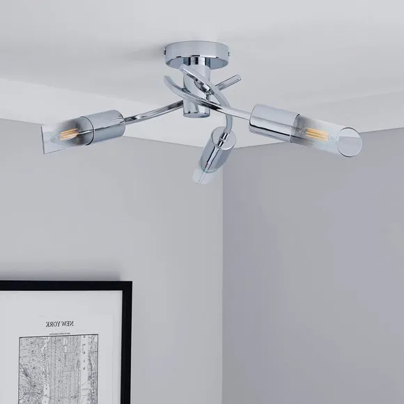 3-Light Semi Flush Ceiling Light - Chrome, Steel