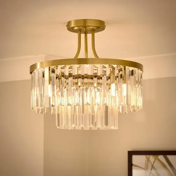 3-Light Semi Flush Ceiling Light - Gold, Crystal